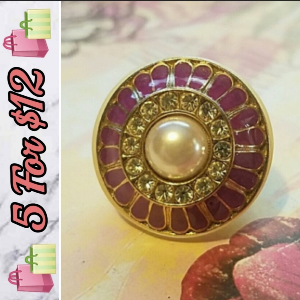 R003 Purple Faux Pearl Crystal Statement Ring